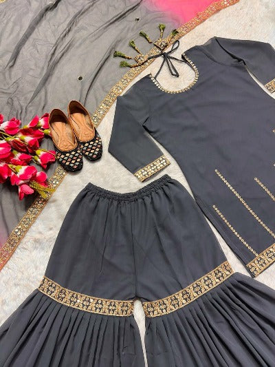 Black Georgette Sequence Sharara Suit Set