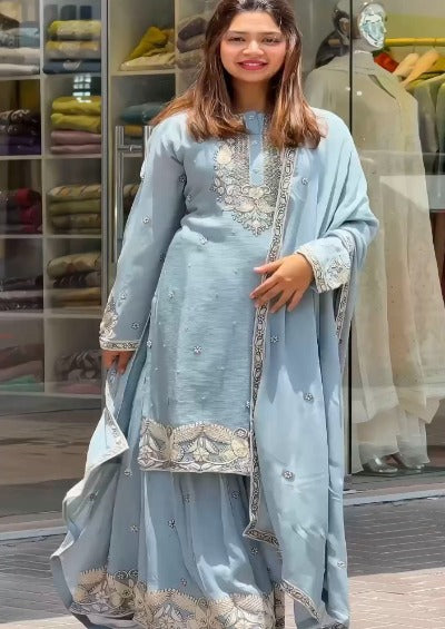Powder Blue Georgette Full Sleeves Sharara Suit Set