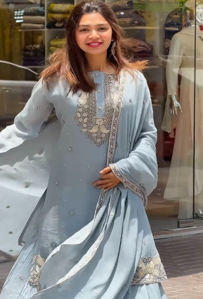 Powder Blue Georgette Full Sleeves Sharara Suit Set