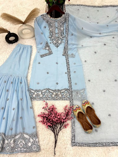 Powder Blue Georgette Full Sleeves Sharara Suit Set