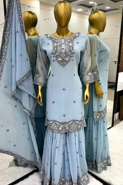 Powder Blue Georgette Full Sleeves Sharara Suit Set