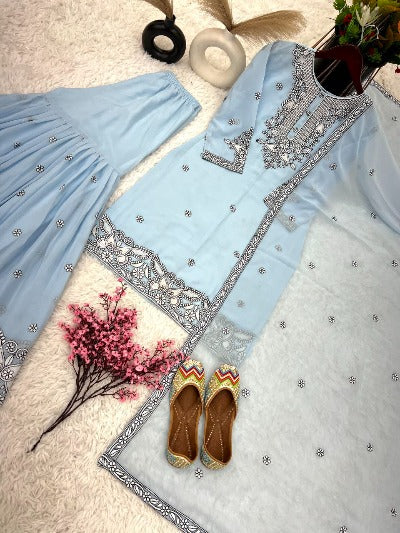 Powder Blue Georgette Full Sleeves Sharara Suit Set