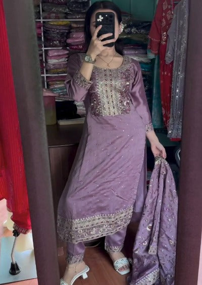 Lilac Chinon Silk Gold Embroidery Salwar Suit Set 