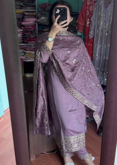 Lilac Chinon Silk Gold Embroidery Salwar Suit Set 