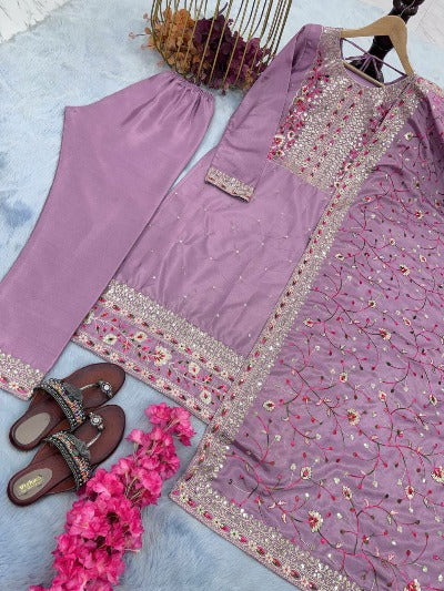 Lilac Chinon Silk Gold Embroidery Salwar Suit Set 