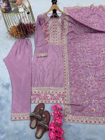 Lilac Chinon Silk Gold Embroidery Salwar Suit Set 