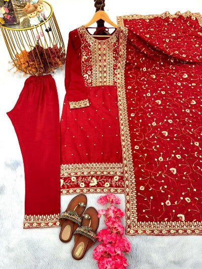 Red Chinon Silk Gold Embroidery Salwar Suit Set