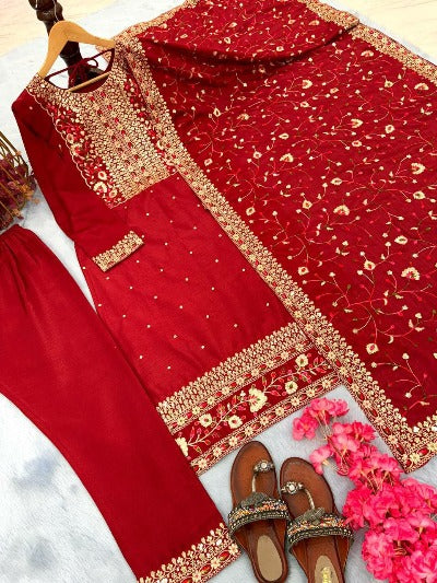 Red Chinon Silk Gold Embroidery Salwar Suit Set