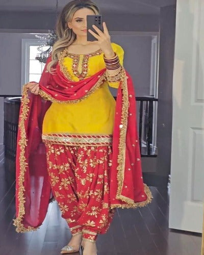 Red & Yellow Heavy Embroidered Punjabi Dhoti Salwar Suit Set