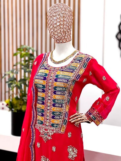 Red Georgette Thread Embroidered Sequenced Straight Suit Set