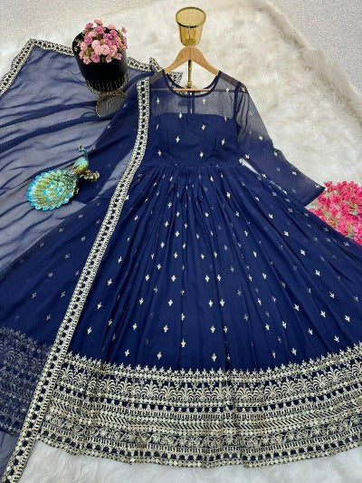 Navy Blue Georgette Sequence Work Anarkali Gown With Dupatta Set 0f 2