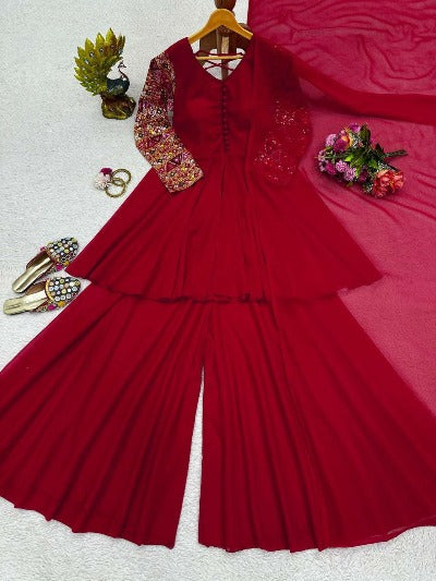 Red Georgette Designer Sequence Work Palazzo Suit Set