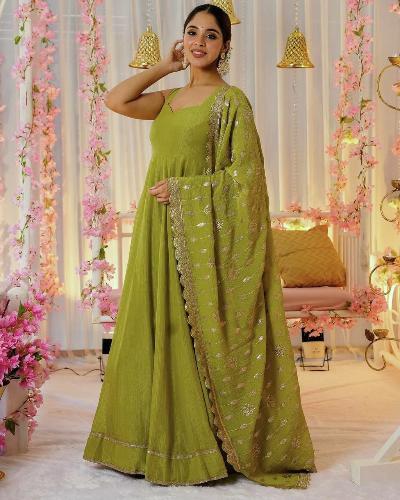 Parrot Green Chinon Silk Festive Anarkali Suit Set