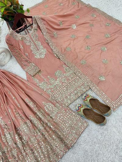 Pastel Peach Embellished Sharara Palazzo Suit Set