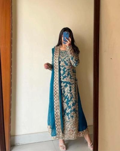 Teal Blue Georgette Handwork Palazzo Suit Set