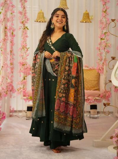 Pine Green Flair Anarkali Suit Multicoloured Dupatta