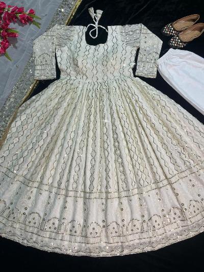 Graceful White Georgette Embroidered Anarkali Suit Set