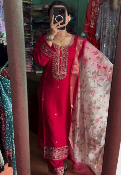 Red Full Sleeves Embroidered Salwar Suit Set