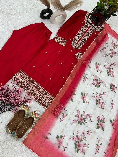 Red Full Sleeves Embroidered Salwar Suit Set
