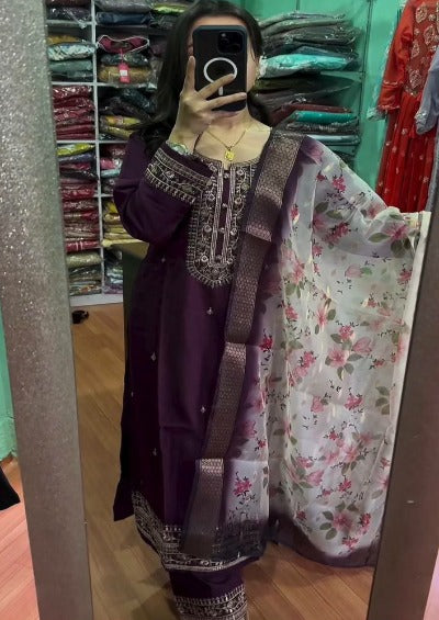 Purple Full Sleeves Embroidered Salwar Suit Set