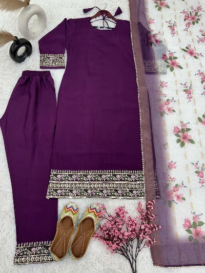 Purple Full Sleeves Embroidered Salwar Suit Set