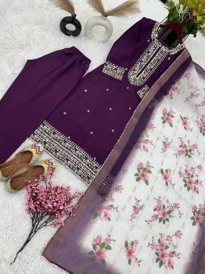 Purple Full Sleeves Embroidered Salwar Suit Set