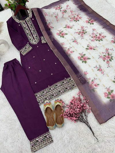 Purple Full Sleeves Embroidered Salwar Suit Set