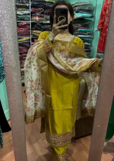 Glazed Yellow Full Sleeves Embroidered Salwar Suit Set