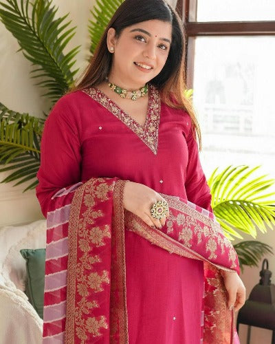 Rani Pink Heavy Rayon V Neck Salwar Suit Set