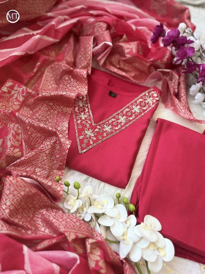 Rani Pink Heavy Rayon V Neck Salwar Suit Set