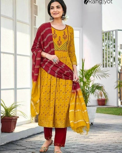 Beautiful Rayon Gold Print & Handwork Salwar Suit Set