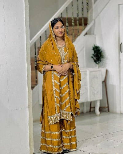 Mustard Yellow Embroidered Palazzo Suit Set