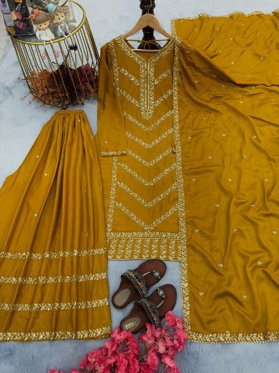 Mustard Yellow Embroidered Palazzo Suit Set