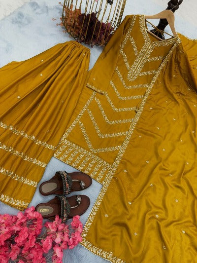 Mustard Yellow Embroidered Palazzo Suit Set