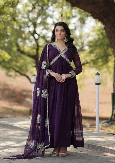 Purple Faux Blooming Sequins Work Anarkali Dupatta Set Of 2
