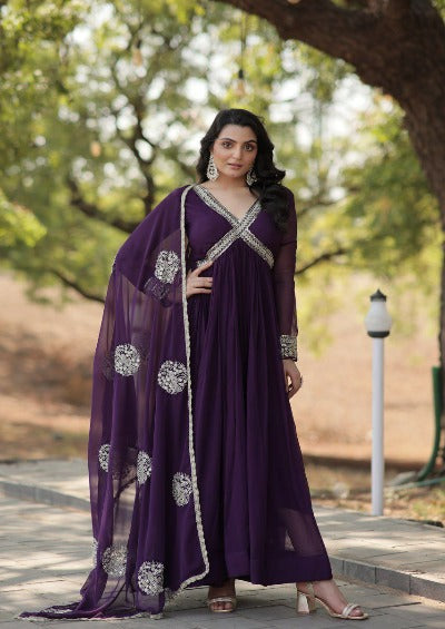 Purple Faux Blooming Sequins Work Anarkali Dupatta Set Of 2