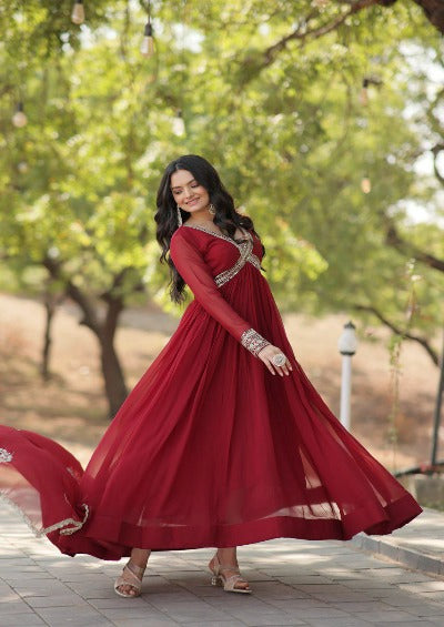Maroon Faux Blooming Sequins Work Anarkali Dupatta Set Of 2