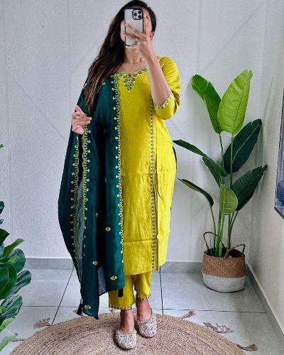 Parrot Green Roman Silk Beautiful Salwar Suit Set