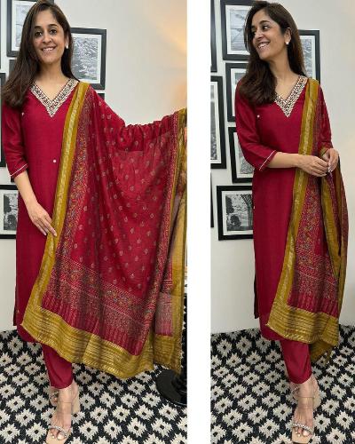 Maroon Roman Silk Salwar Suit With Banarasi Dupatta