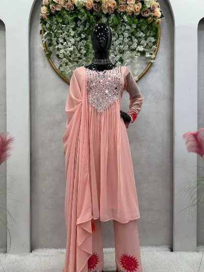 Peach Georgette Mirror Work Designer Straight Suit Set