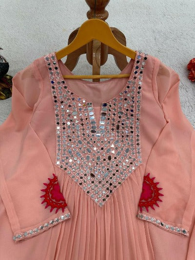 Peach Georgette Mirror Work Designer Straight Suit Set