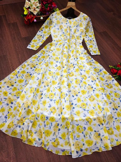 White With Yellow Floral Print Georgette Flair Gown