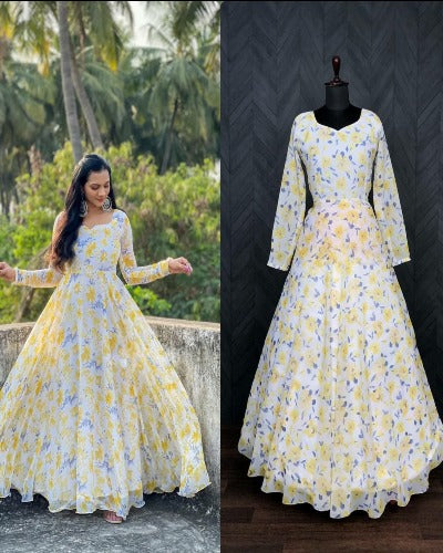 White With Yellow Floral Print Georgette Flair Gown