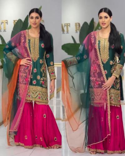 Timeless Bottle Green & Pink Malay Silk Heavy Sharara Suit