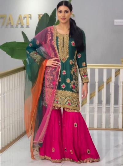 Timeless Bottle Green & Pink Malay Silk Heavy Sharara Suit