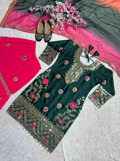 Timeless Bottle Green & Pink Malay Silk Heavy Sharara Suit