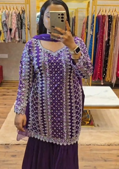 Purple Chinon Silk Sequins Sharara Suit Set