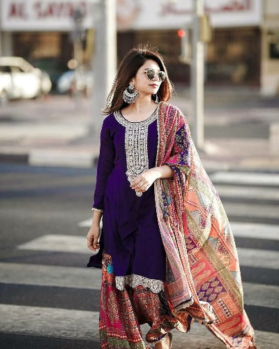 Purple Chinon Silk Sharara Suit With Multicolour Dupatta