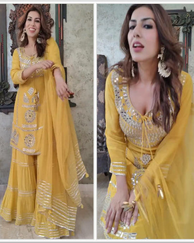 Elegant Yellow Georgette Mirror Work Sharara Palazzo Suit Set