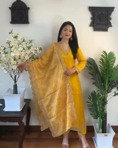 Yellow Maska Silk V Neck Designer Salwar Suit Set